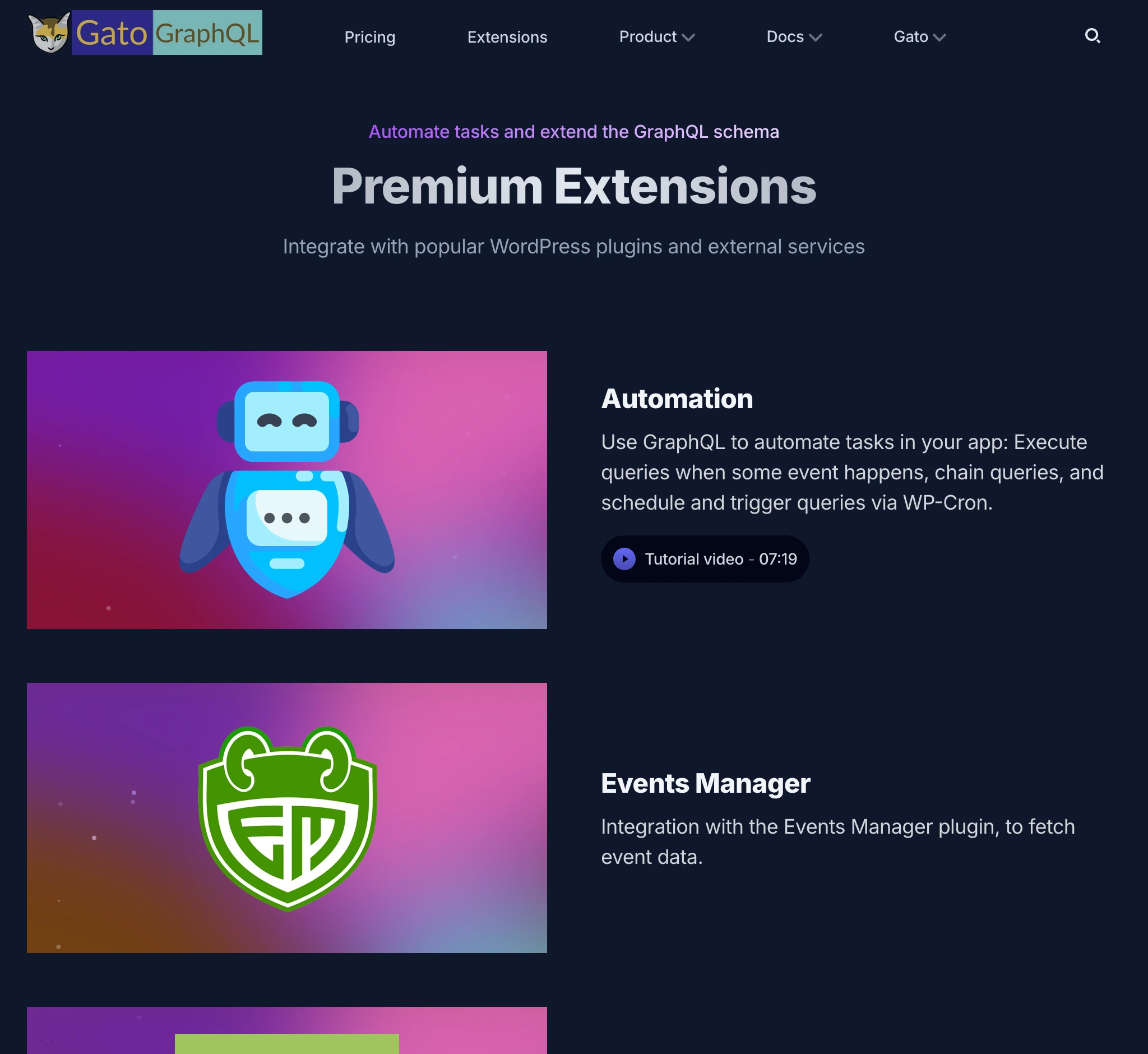 Seção de extensões em gatographql.com